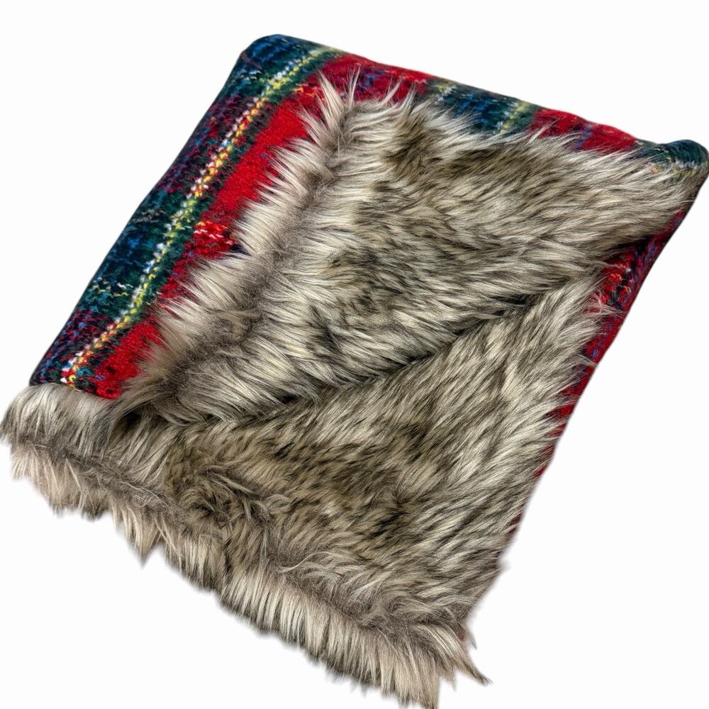 Pottery Barn Stewart Plaid Faux Fur Back Throw Throw Blanket Red Yellow 50x60